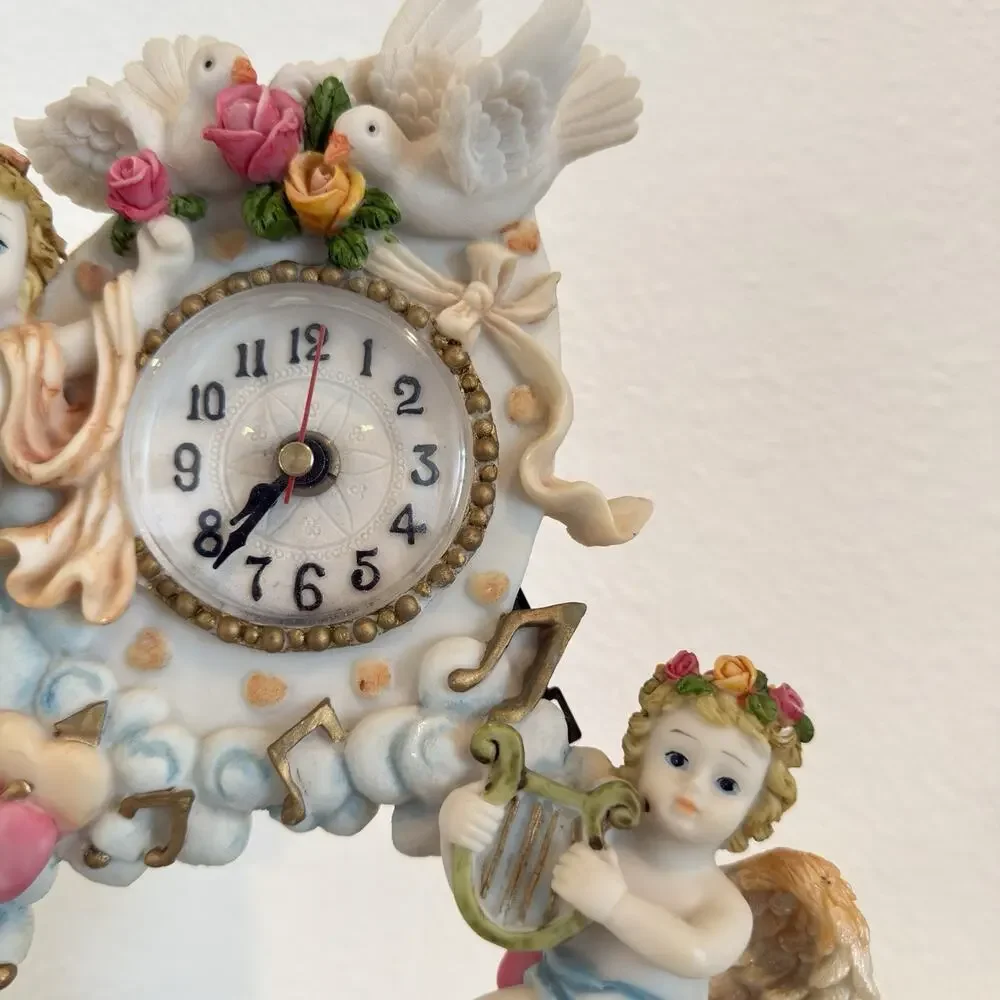 Vintage Large Cherub Angel Pendulum Quartz Clock Roses Heart 12” Decor WORKING